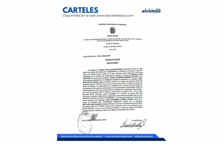 Cartel de Divorcio del Tribunal Cuarto del estado Anzoátegui en atención a Pedro José Valor Martínez y Luisa Alejandra Cabrera Valera