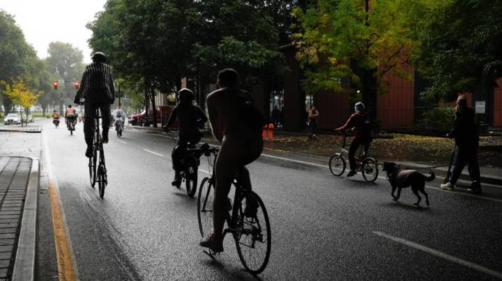 Naked bike riders protest Trump administration in Portland
