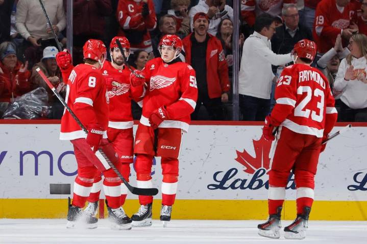 Edvinsson scores two goals as Red Wings erase four-goal deficit, beat Blues 6