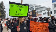 Supporters of Edmonton teen Samuel Bird rally outside courthouse as case of accused killer is heard