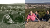 Tres amigos repiten la misma foto en el monte Pedroso de Santiago más de medio siglo después
