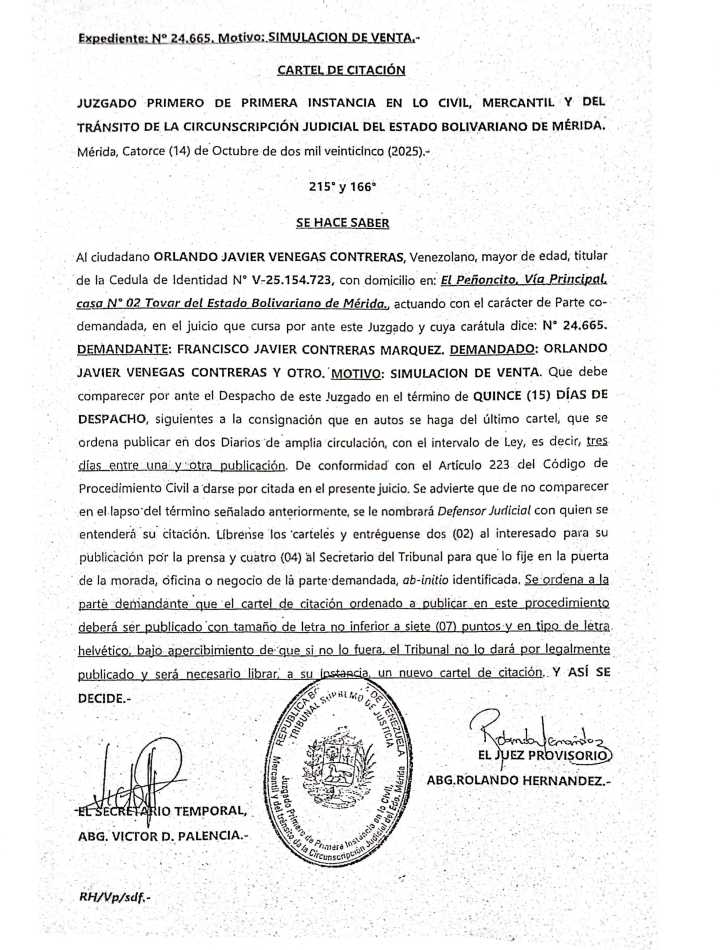 Cartel de citación al ciudadano ORLANDO JAVIER VENEGAS CONTRERAS, titular de la Cedula de Identidad N° V