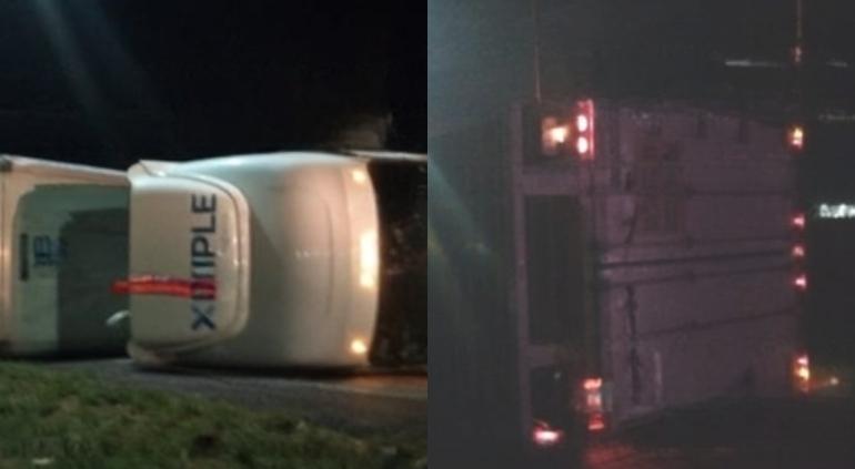 Volcó tráiler frente a la Heineken; chofer resultó ileso