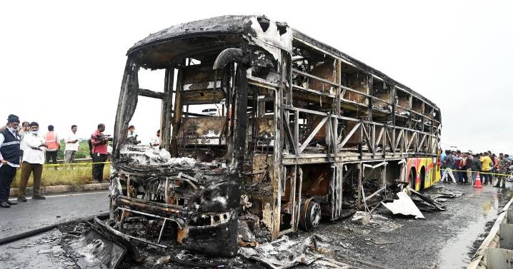Luxury coach erupts in flames after motorbike crash with passengers 'burning alive'