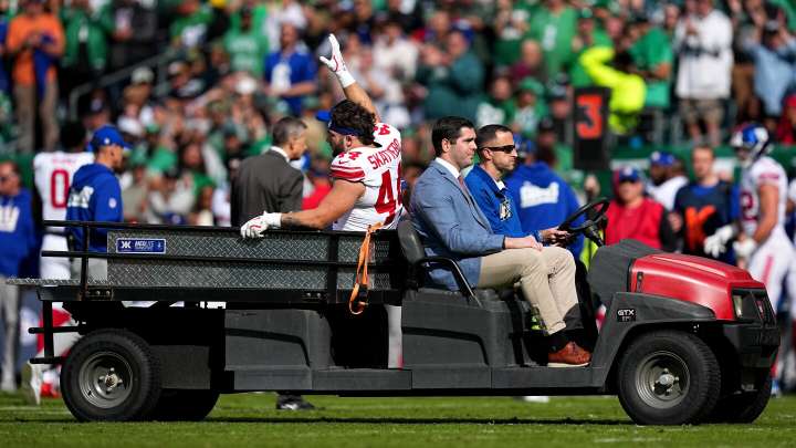 Cam Skattebo taken to hospital with dislocated ankle