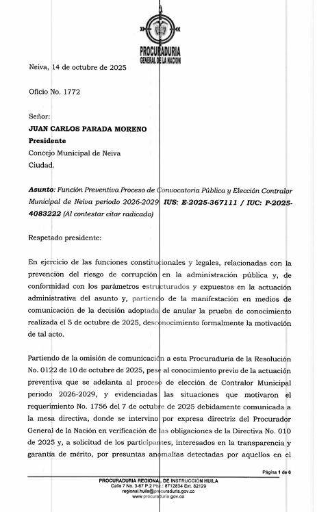 Procuraduría ‘blinda’ nueva prueba de Contralor de Neiva
