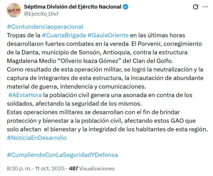 «Nuestra seguridad está afectada»: Ejército denuncia asonada en La Danta por fuerte golpe al Clan del Golfo