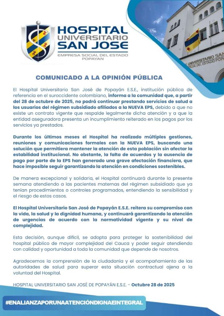 Hospital San José suspende atención a usuarios de Nueva EPS por incumplimientos contractuales