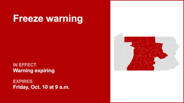 Update: Freeze warning for part of Pennsylvania expected to expire at 9 a.m.