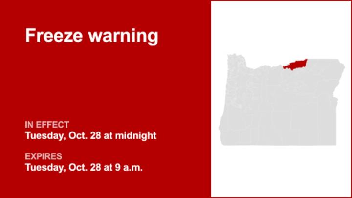 Lower Columbia Basin of Oregon under a freeze warning Tuesday