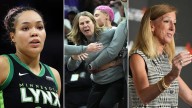 A composite image shows Minnesota Lynx forward Napheesa Collier, left, on, Sept. 23, Lynx coach Cheryl Reeve, centre, being held back during a game on Sept. 26, and WNBA Commissioner Cathy Engelbert, 