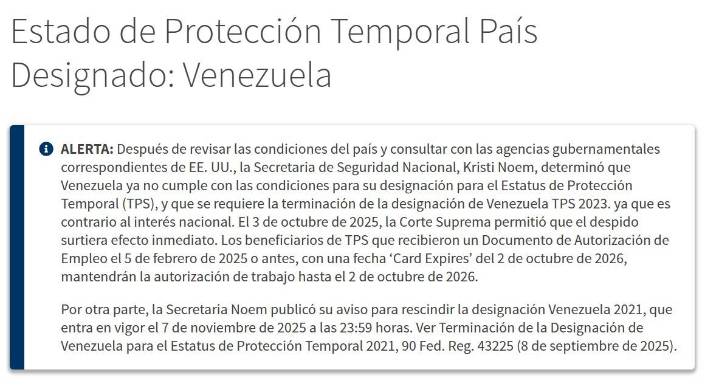 Estados Unidos confirma el fin del TPS y dice que «Venezuela ya no cumple con las condiciones»