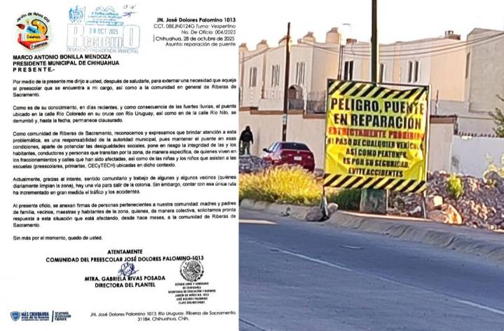 Solicitan Jardín de Niños José Dolores Palomino y vecinos al alcalde la reparación de puente colapsado en Riberas de Sacramento