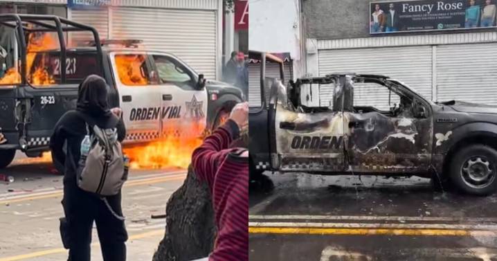 Incendian patrulla en Toluca durante protestas del 2 de octubre