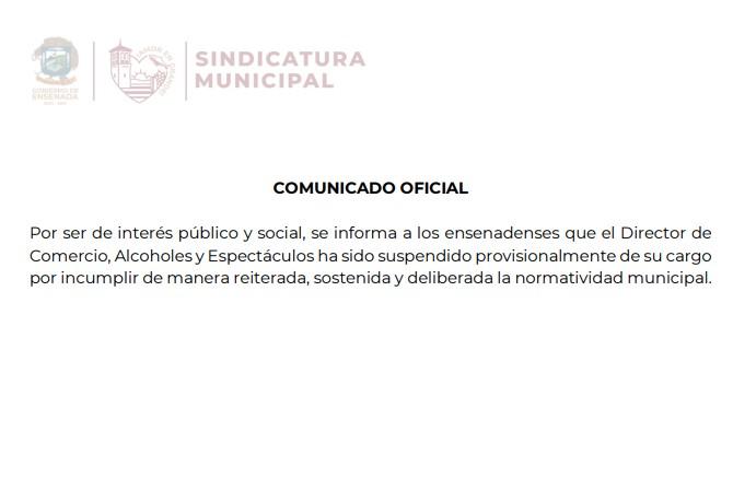 Suspenden temporalmente a Director de Comercio y Alcoholes