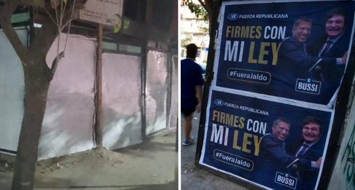 Bussi comenzó a tapar los carteles con Milei tras el fallo judicial