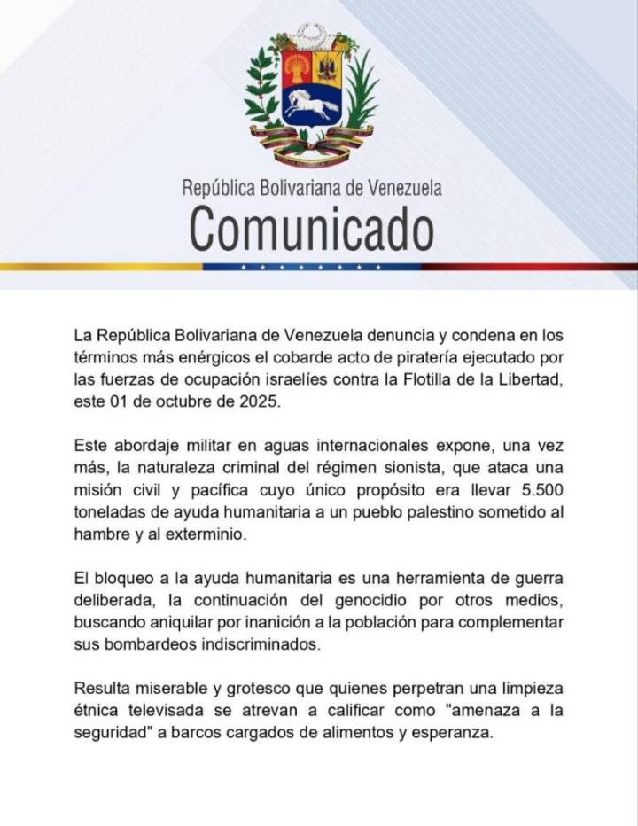 Venezuela rechaza el “acto de piratería” de Israel y manifiesta su apoyo a Palestina