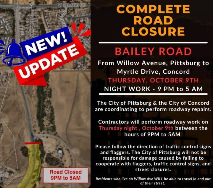 Happening Tonight! Full Closure Of Bailey Rd From Concord To Pittsburg