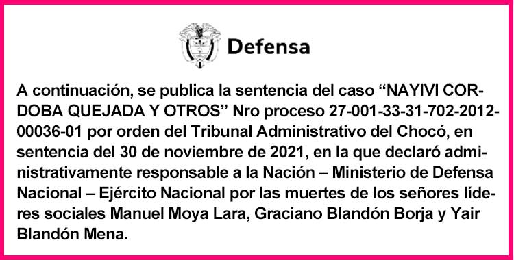 Ministerio de Defensa. Sentencia del caso “Nayivi Córdoba Quejada y otros»