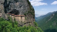 The ancient monastery hanging from the side of a cliff