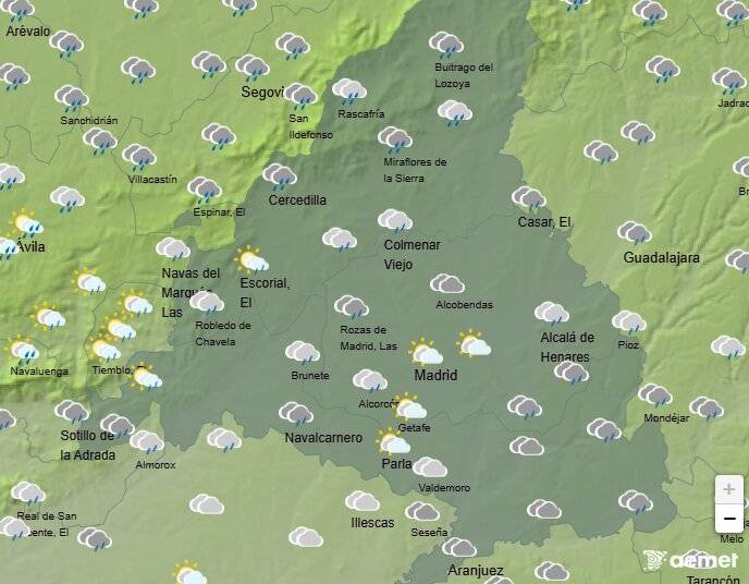El sábado amanece gris en Madrid con lluvias débiles y temperaturas suaves de hasta 23ºC en el sur de la región