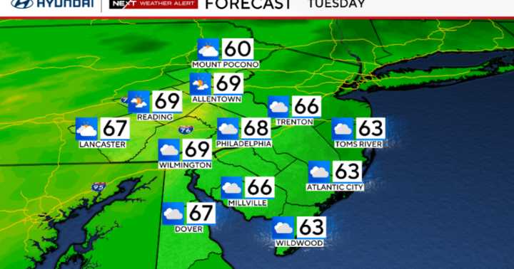 As storm moves out, Tuesday will be cloudy and breezy in Philadelphia area. Here's the weather forecast.