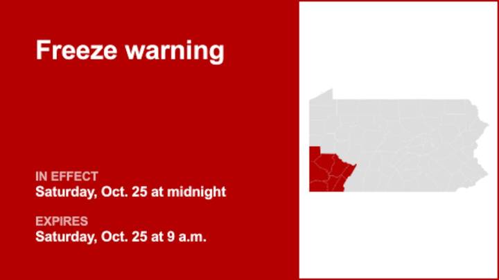 Update: Freeze warning for Southwest Pa. for Saturday