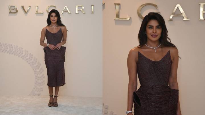 Priyanka Chopra Stuns In Metallic Wine Dress At Bvlgari Mumbai Event