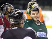 Sault’s Jake Patterson, former London Knights goalie, passes at 31