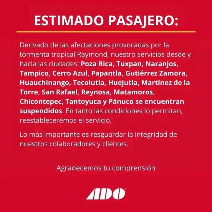 ADO suspende rutas por tormenta tropical Raymond