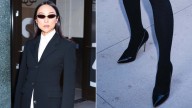 Greta Lee Keeps It Sharp in Black Leather Stilettos in New York