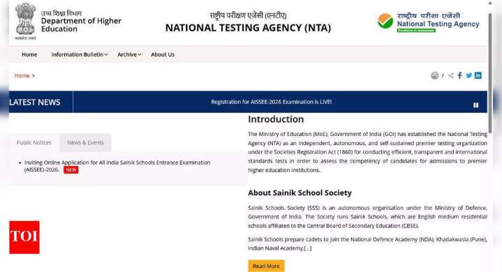 AISSEE 2026 application open at exams.nta.nic.in; entrance exam scheduled for January