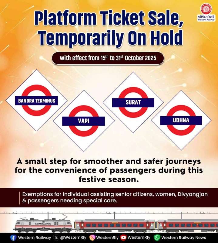 Western Railway restricts platform ticket sales at Vapi, Surat, Udhna stations amid heavy Diwali rush