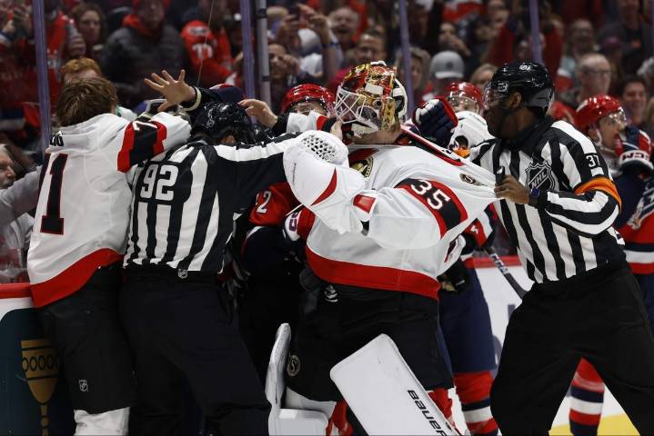 Senators goalie Linus Ullmark leaves crease, enters scrum at other end of the ice