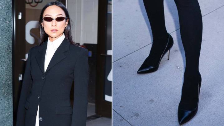 Greta Lee Keeps It Sharp in Black Leather Stilettos in New York