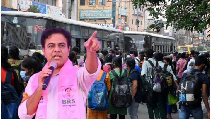 KTR condemns city bus fare hike by Congress govt
