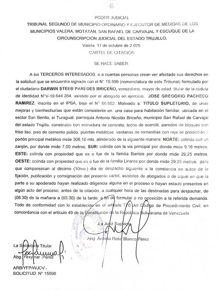 Cartel de citación A los TERCEROS INTERESADOS, o a cuantas personas crean ver afectado sus derechos por la solicitud de TITULO SUPLETORIO, de unas mejoras y bienhechurías en una casa para habitación f
