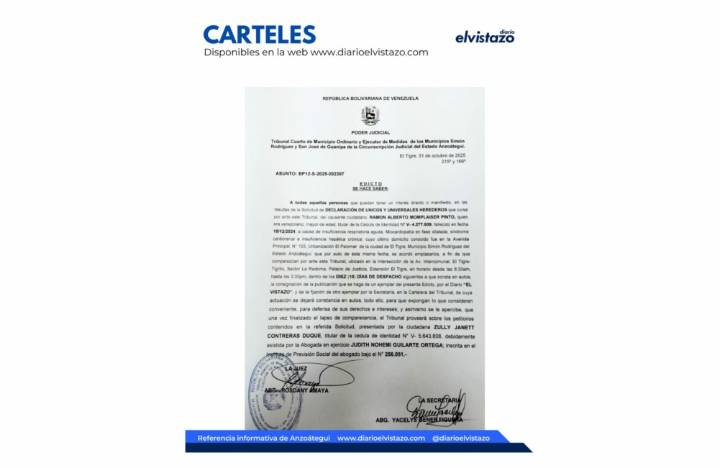 El Tribunal Cuarto de los Municipios Simón Rodríguez y Guanipa en atención a la Declaración de Únicos y Universales Herederos de Ramón Alberto Momplaiser Pinto