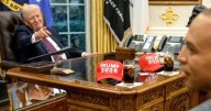 "Trump 2028" hats seen on Oval Office desk during Trump meeting with lawmakers