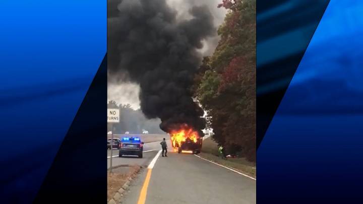 Car catches fire on Route 140 in Taunton