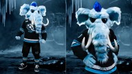 Mammoth mascot Tusky emerges from block of ice before home opener 