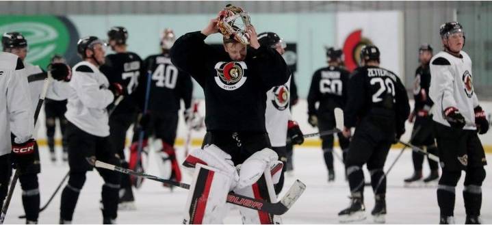 Ottawa Senators backup Leevi Merilainen makes a stop in Belleville