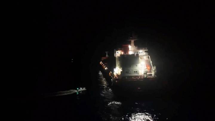 Ship on fire after being struck off the coast of Yemen in the Gulf of Aden