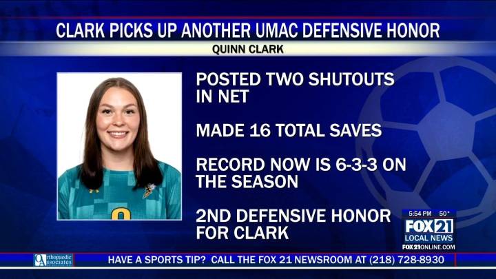 UWS Goalkeeper Quinn Clark Earns Another UMAC Defensive Athlete of The Week Honor