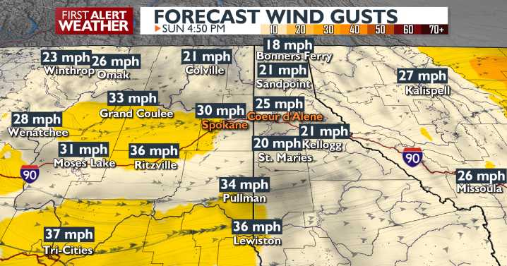⛈️A windy, occasionally wet Spokane Sunday is on the way with scattered thundershowers in the mix