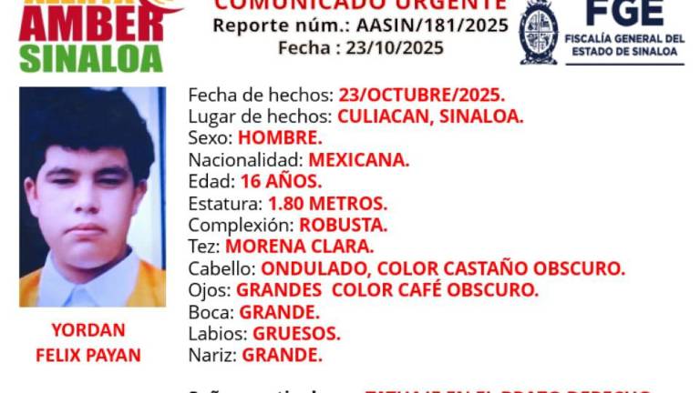 Activan Alerta Amber en Culiacán por la desaparición de Yordan