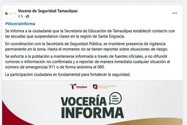 Suspenden clases en región de Tamaulipas; indagan causa