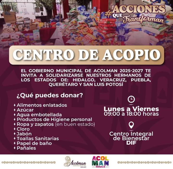 Instala DIF Acolman centro de acopio en apoyo a damnificados