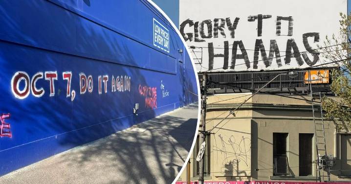 Melbourne: 'Gutless' vandals spraypaint billboard and Officeworks with pro