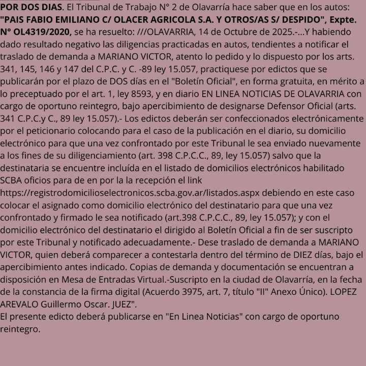 Edicto sobre despido, ante imposibilidad de notificación